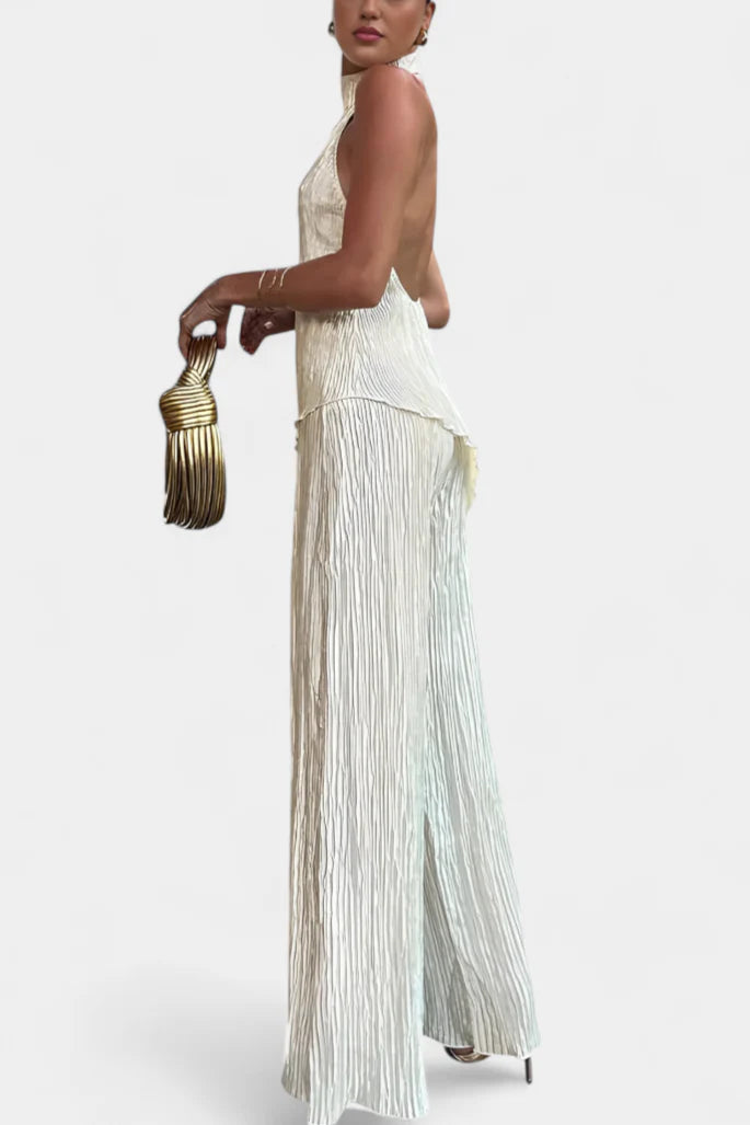 Conjunto Pilarica · Elegancia plisada con top halter y pantalón fluido