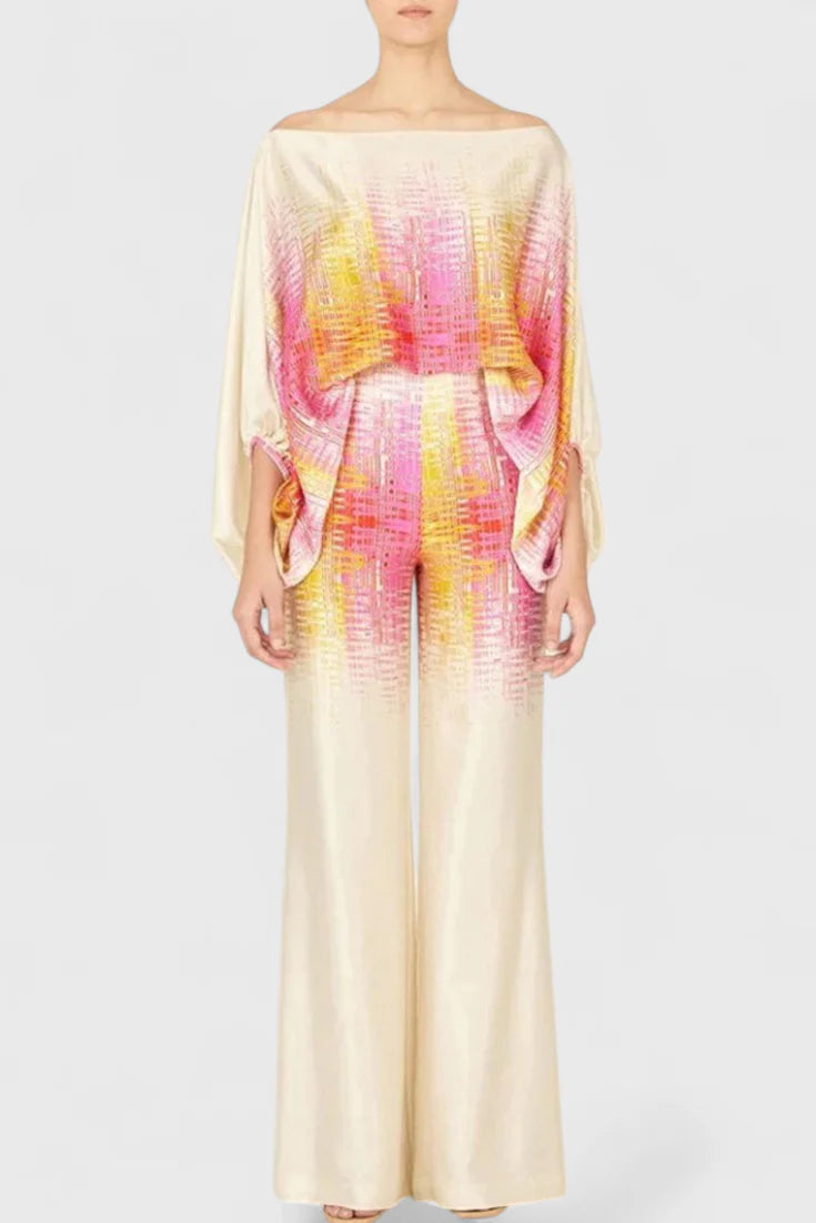 Conjunto Sybella · Estilo boho con hombros descubiertos y pantalones amplios