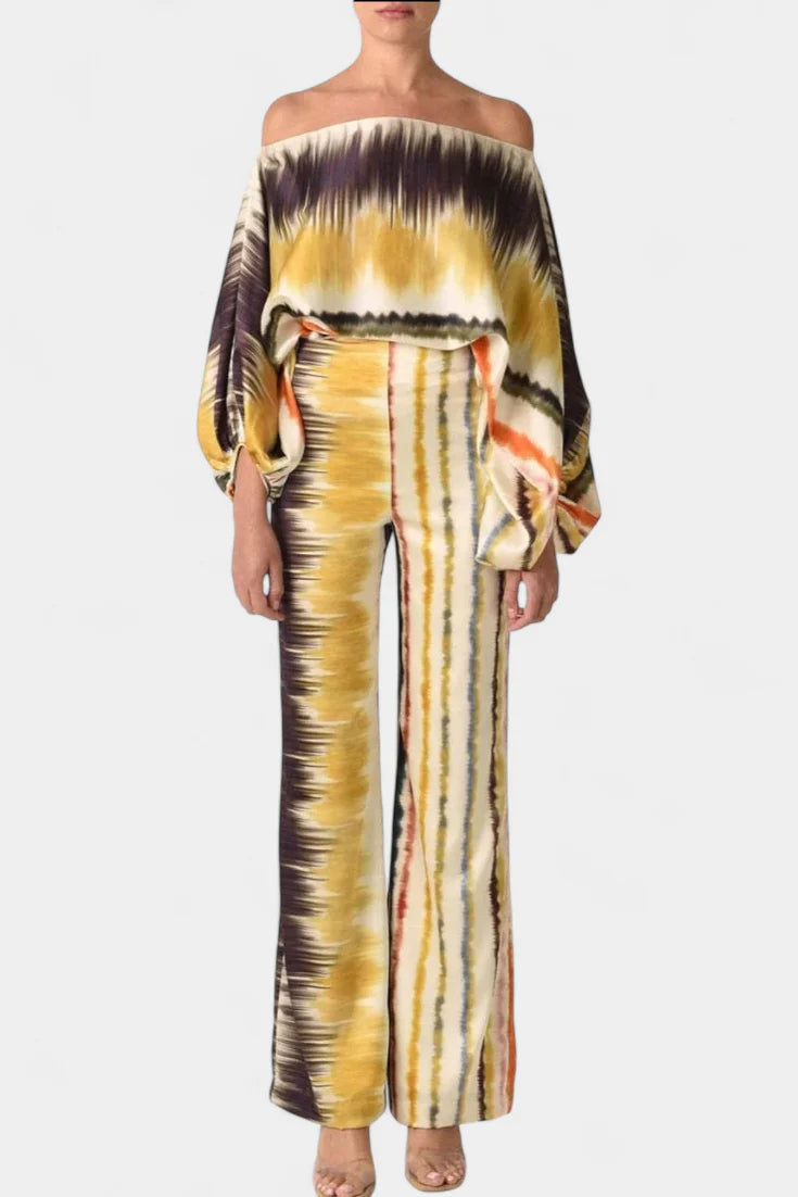 Conjunto Sybella · Estilo boho con hombros descubiertos y pantalones amplios