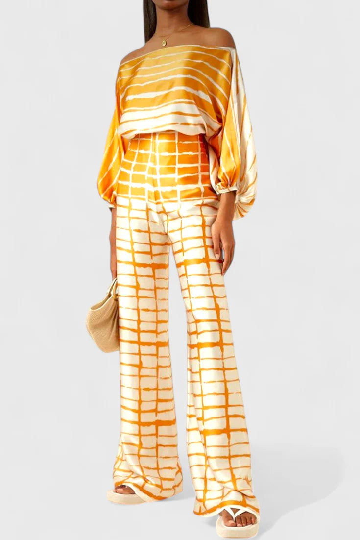 Conjunto Sybella · Estilo boho con hombros descubiertos y pantalones amplios