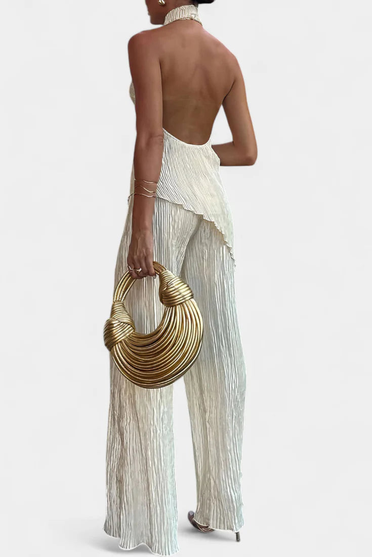 Conjunto Pilarica · Elegancia plisada con top halter y pantalón fluido