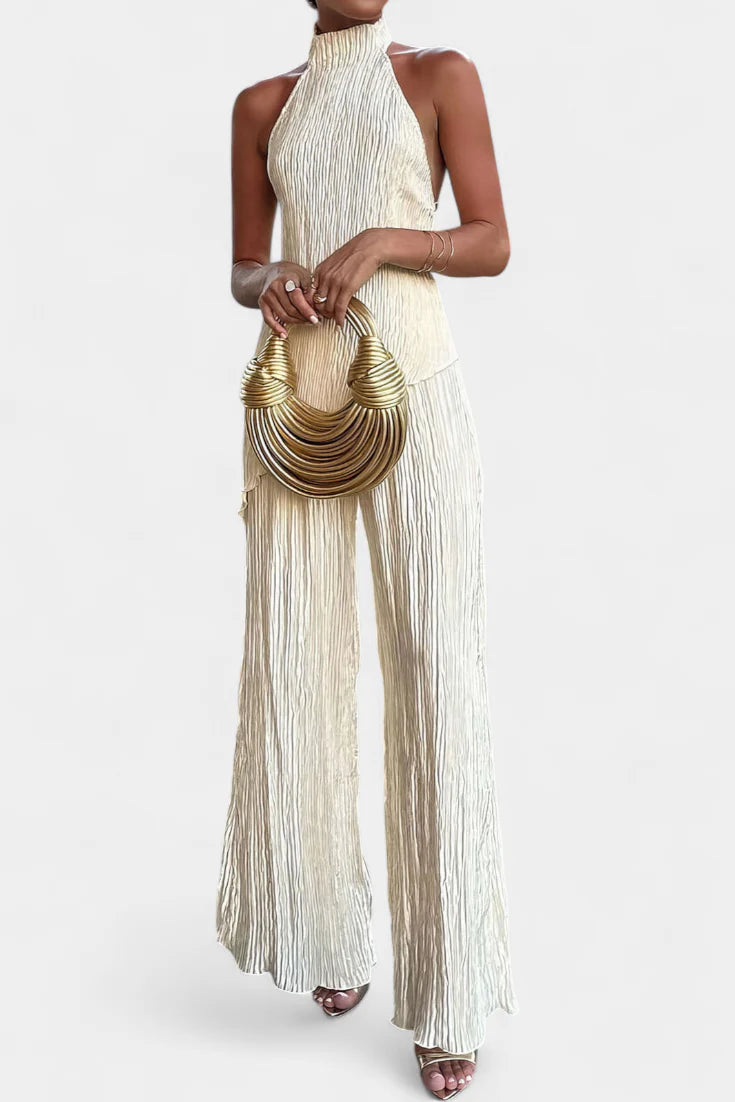 Conjunto Pilarica · Elegancia plisada con top halter y pantalón fluido
