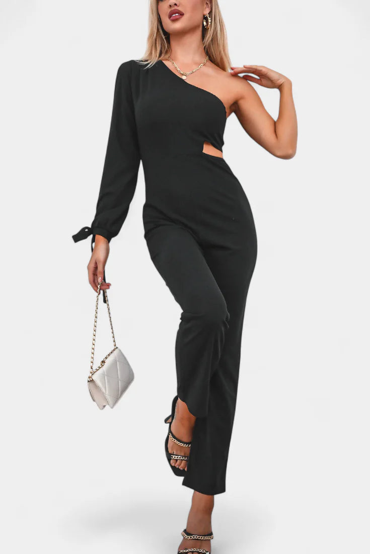 Mono Sahara · Asimétrico con cut-out y manga larga anudada