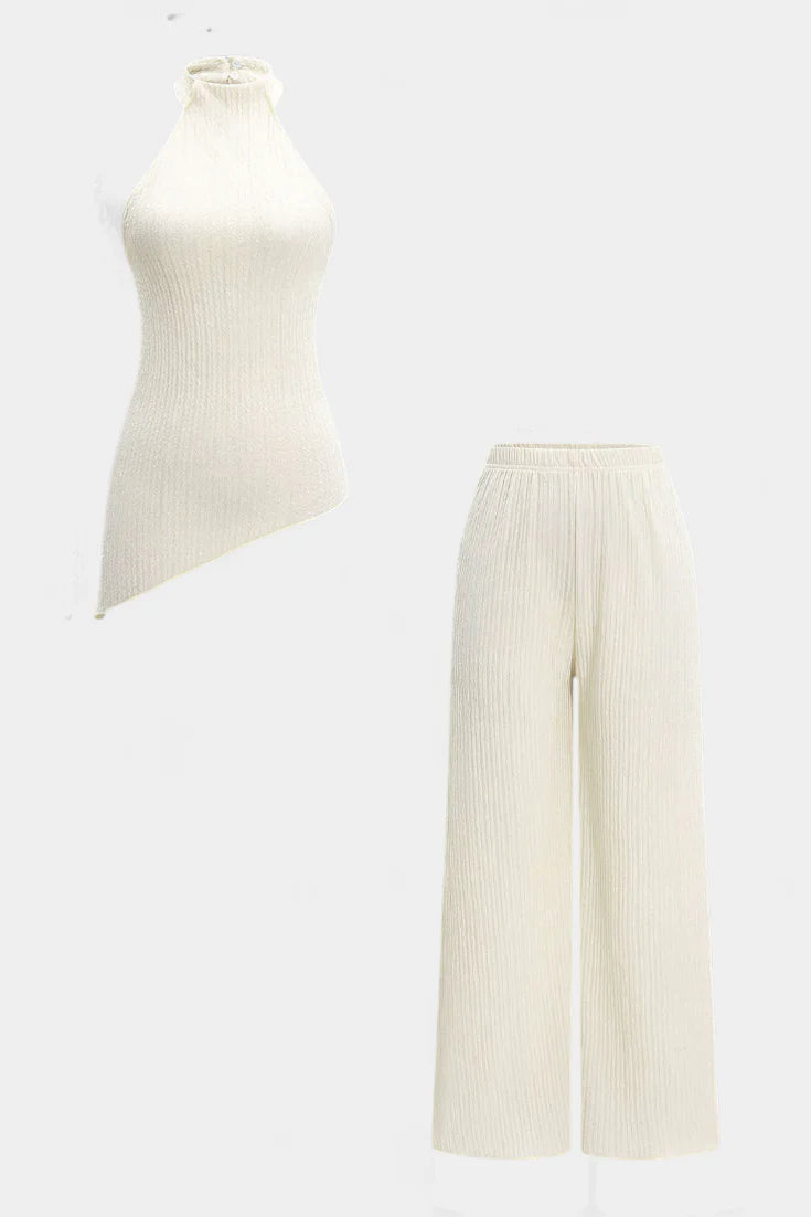 Conjunto Pilarica · Elegancia plisada con top halter y pantalón fluido